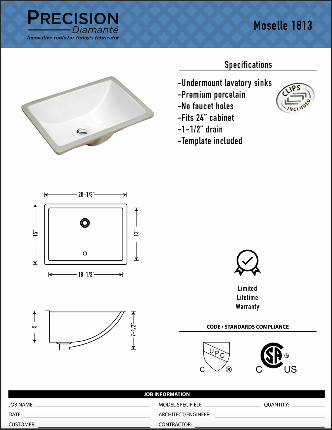 Moselle 1813W Rectangle Undermount Vanity Sink