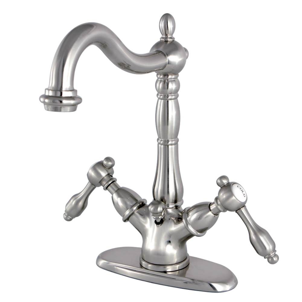 Kingston Brass Tudor Two-Handle Bathroom Faucet with Brass Pop-Up and Cover Plate, Brushed Nickel