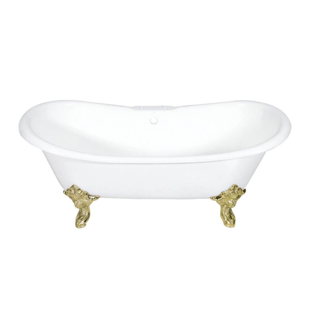 Kingston Brass Aqua Eden 72-Inch Cast Iron Double Slipper Clawfoot Tub with 7-Inch Faucet Drillings, White/Polished Brass