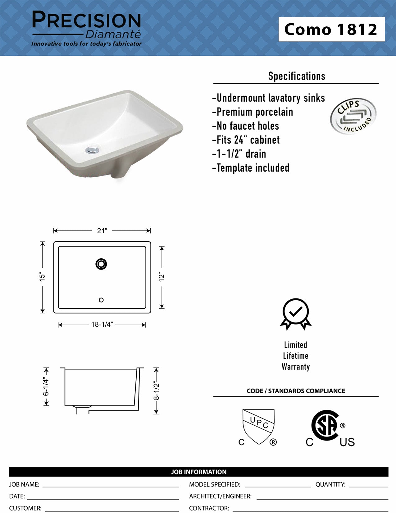Como 1812W W-021 Ceramic Rectangle Undermount Sink