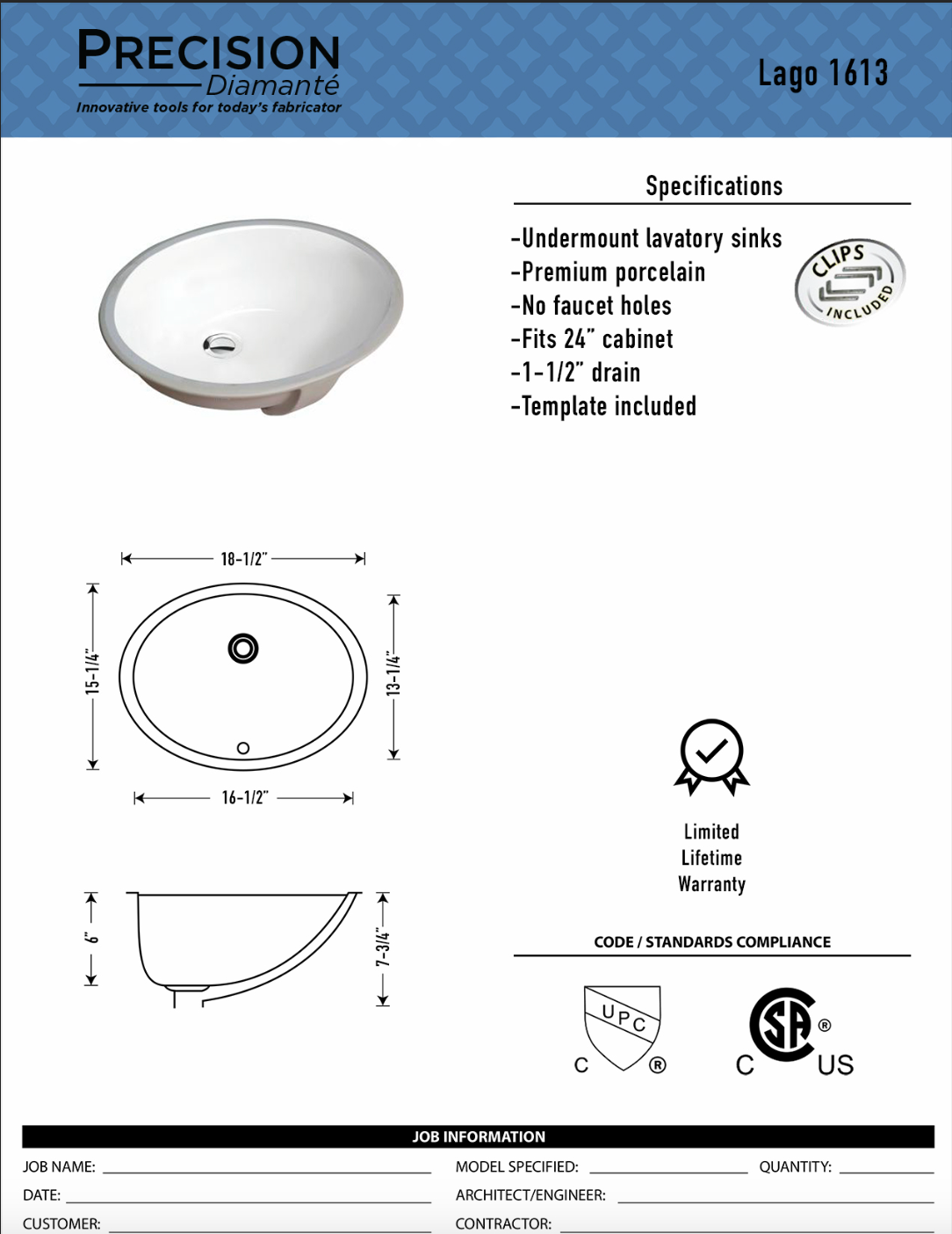 Lago 1613W W-181 Ceramic Oval Undermount Sink