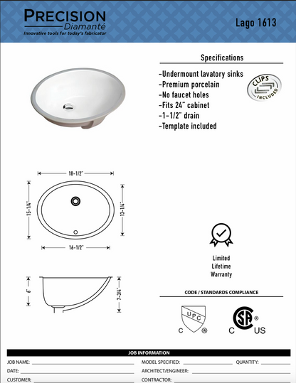 Lago 1613W W-181 Ceramic Oval Undermount Sink
